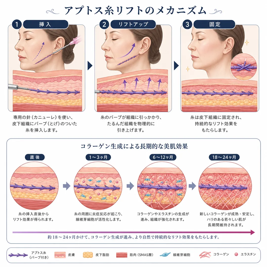 アプトス糸リフトの引き上げとコラーゲン生成の仕組み.webp