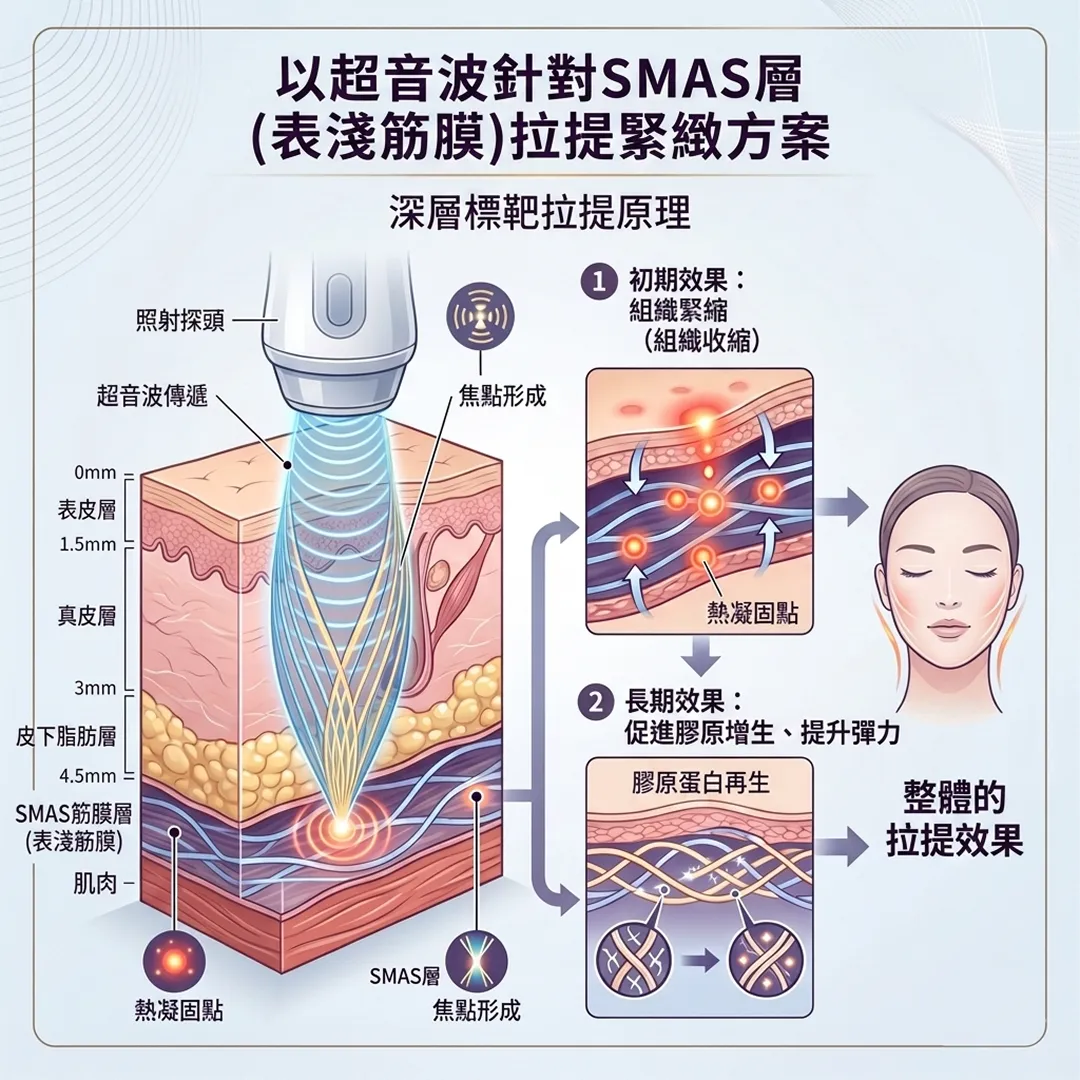 ウルセラピープライムの超音波メカニズム-以超音波針對SMAS層-表淺筋膜-①-初期效果:-深層標靶拉提原理-拉提緊緻方案-zh-tw.webp