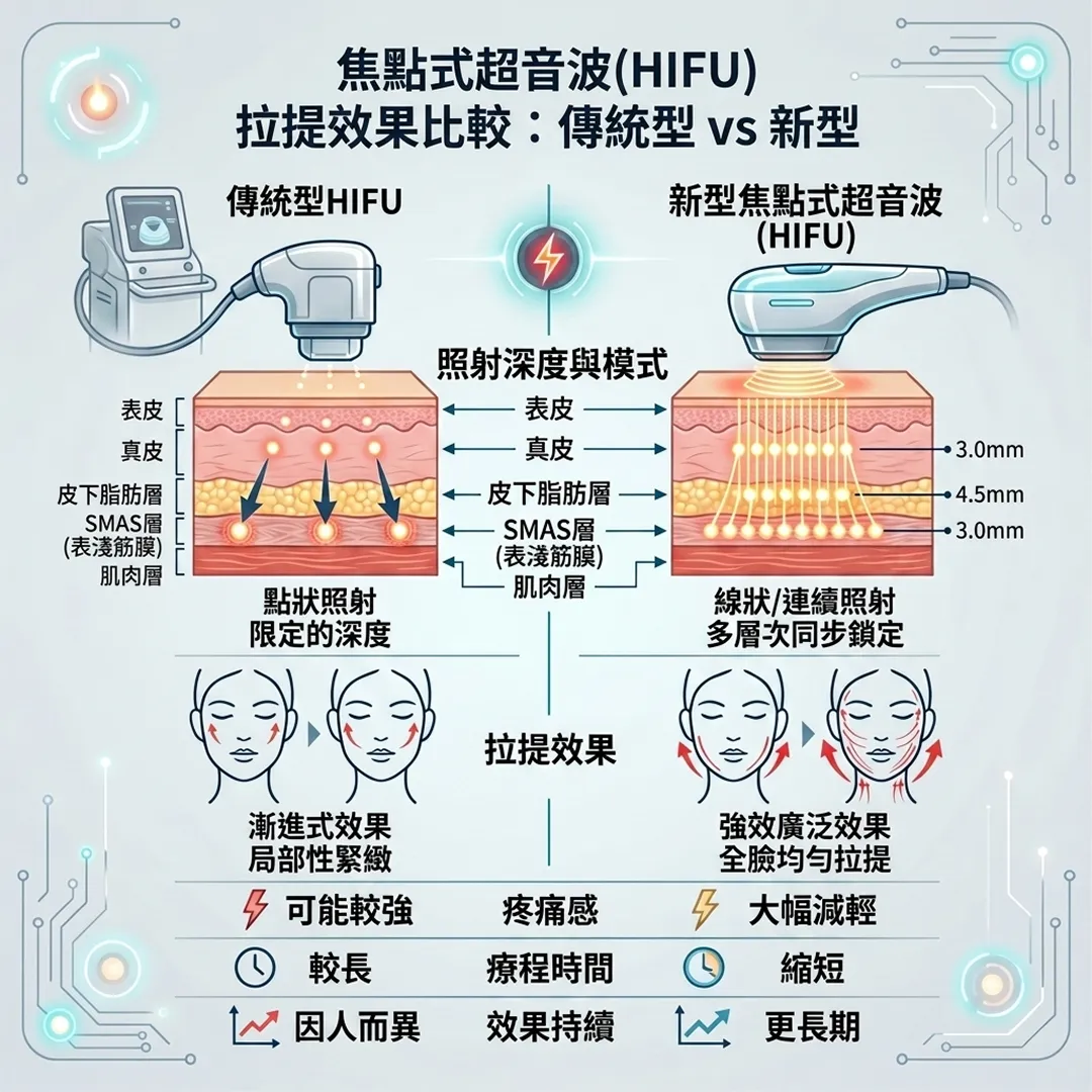 ウルセラピープライム-効果-比較表-拉提效果比較:傳統型-vs-新型-焦點式超音波-HIFU-3-0mm-4-5mm-zh-tw.webp