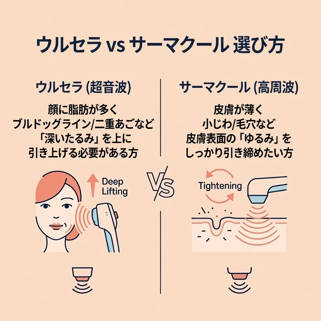 ウルセラ-vs-サーマクール-選び方-ブルドッグライン-二重あごなど-高周波-超音波-ja.webp