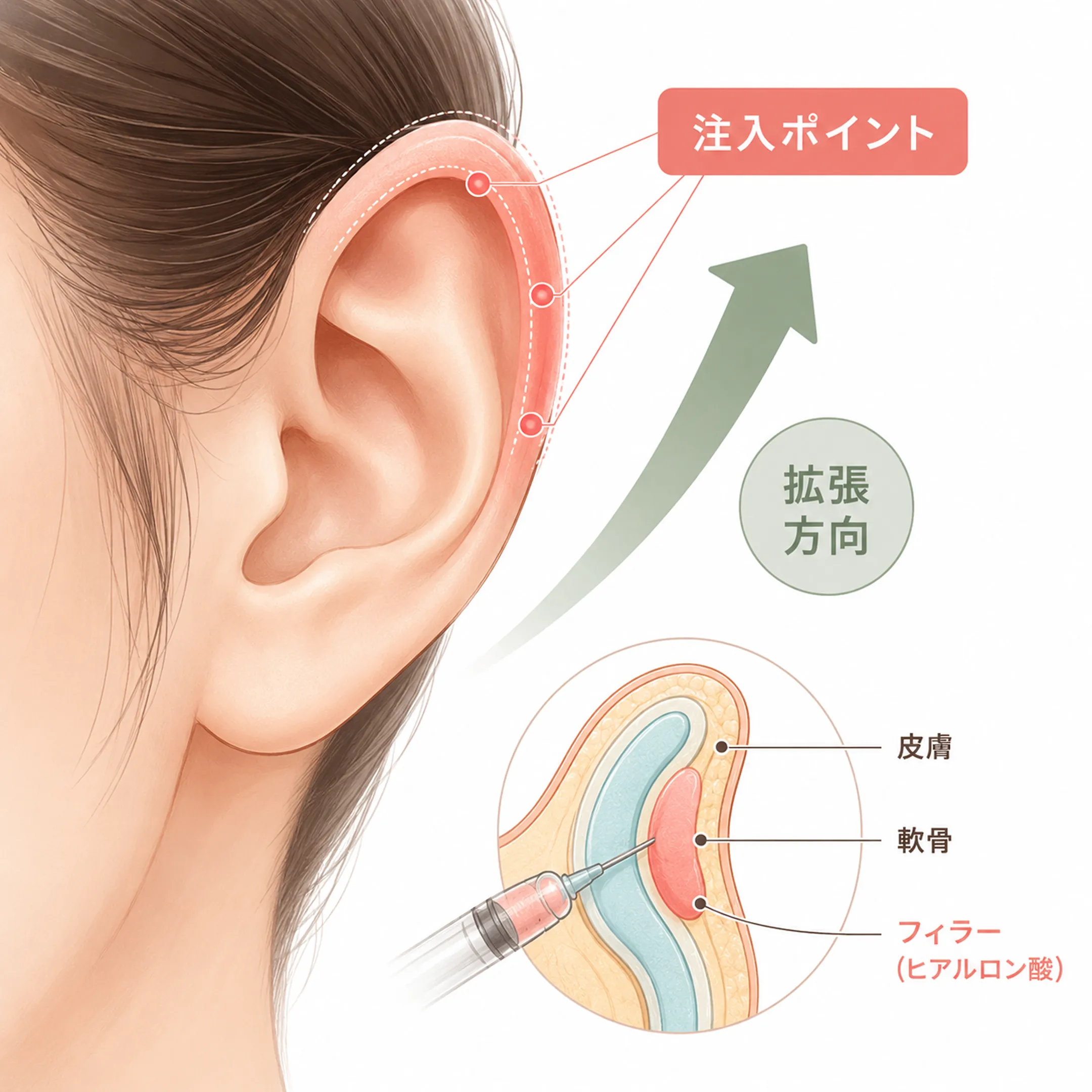 エルフ耳デザインの作用層と注入ポイント.webp