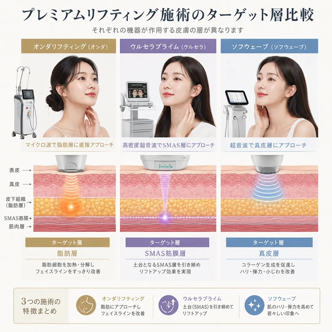 オンダ、ウルセラ、ソフウェーブの作用する皮膚層の比較図.webp