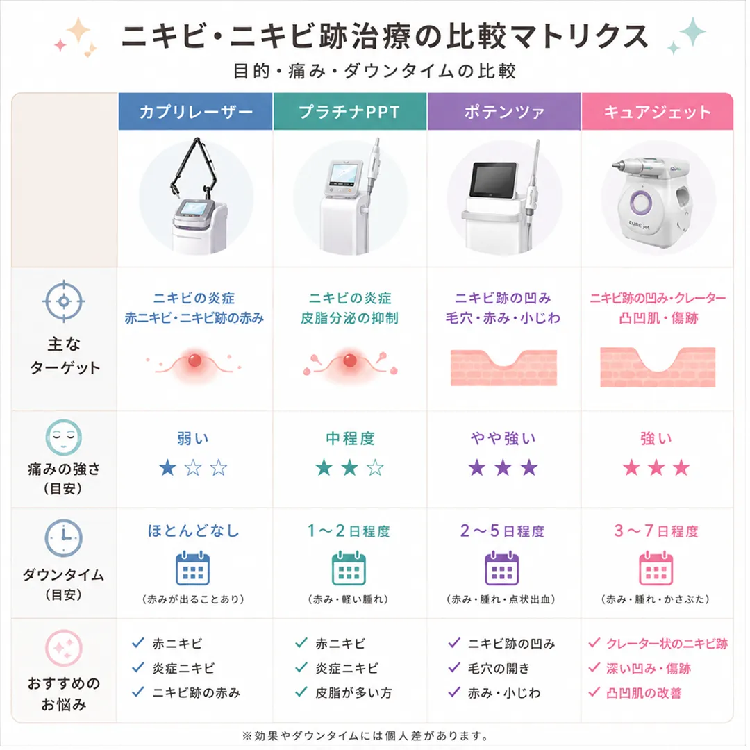 カプリレーザー、ポテンツァ、キュアジェット等のニキビ治療比較表.webp