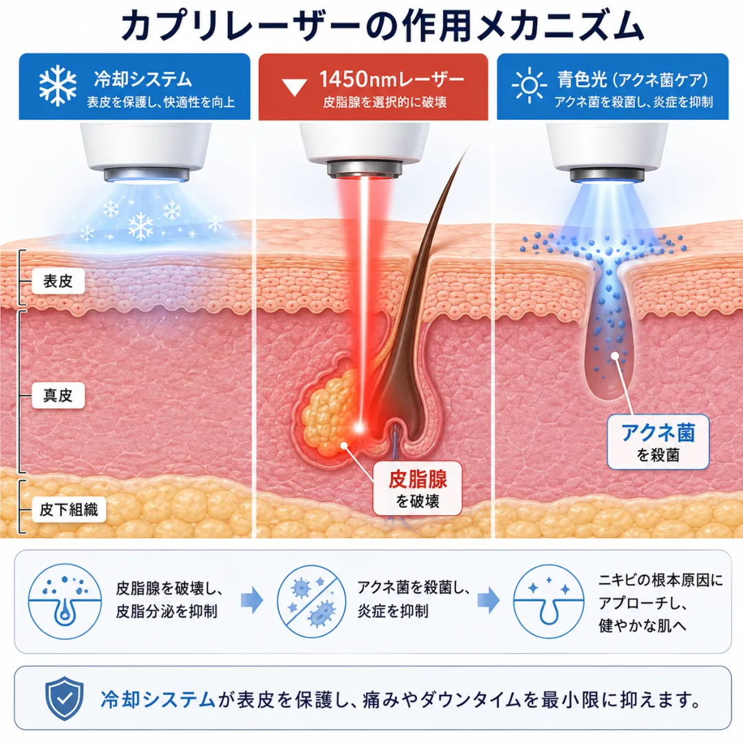 カプリレーザーが皮脂腺を破壊しニキビ菌を殺菌する仕組み.webp