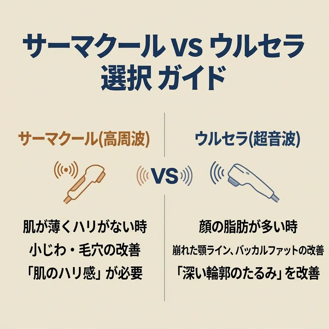 サーマクール-VS-ウルセラ-選択ガイド-高周波-崩れた顎ライン、バッカルファットの改善-超音波-ja.webp