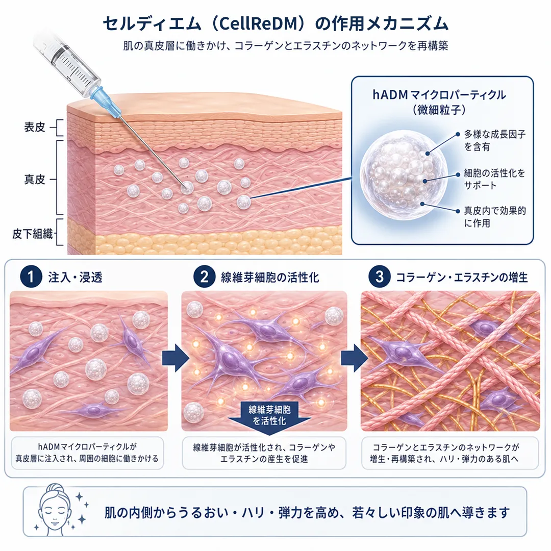 セルディエムの肌再生メカニズム_セルディエムが真皮層でコラーゲンを生成するプロセスの図解.webp