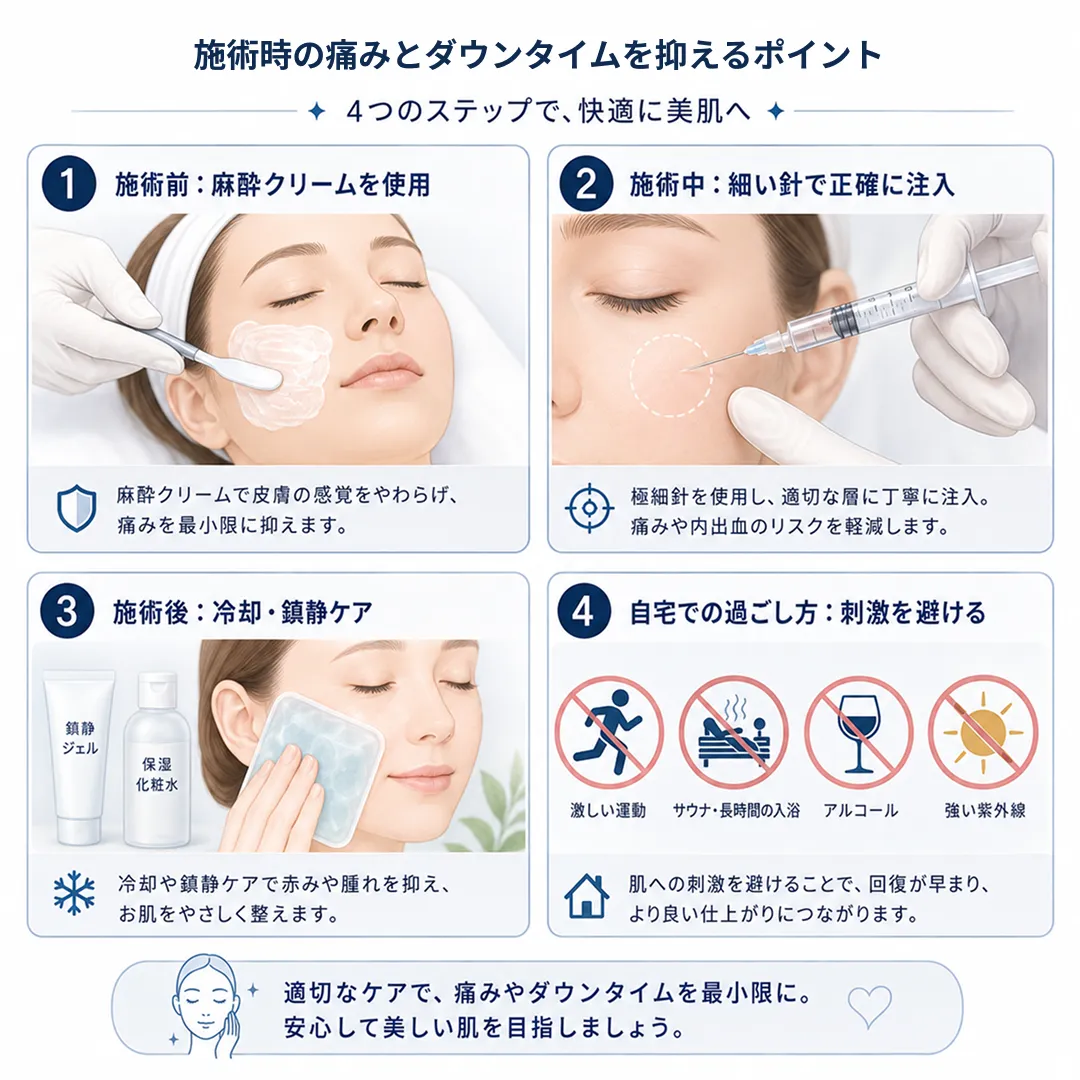 セルディエム痛みとダウンタイム軽減のステップ_施術前後の痛み・ダウンタイムを抑えるためのケアステップ図解.webp