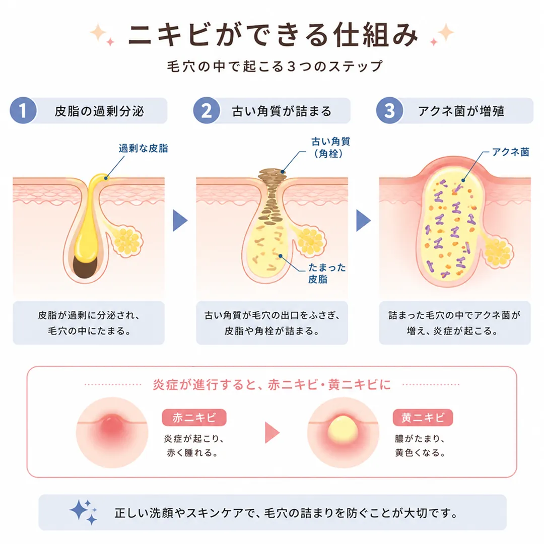 ニキビの原因となる皮脂分泌と毛穴の詰まりの図解.webp