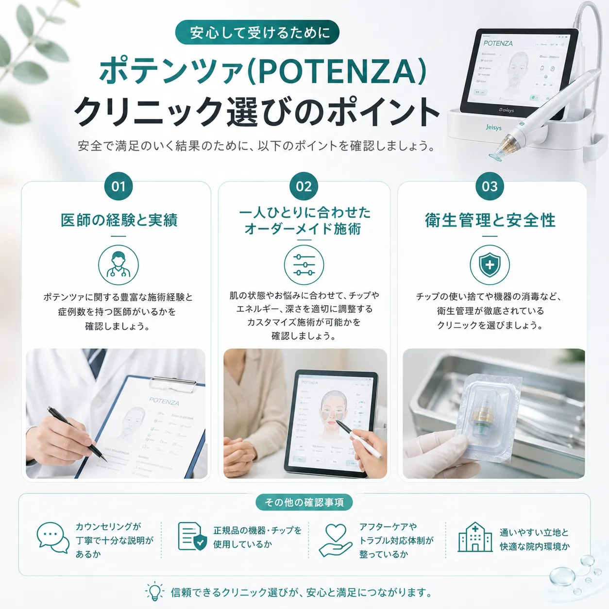 ポテンツァの安全な施術のためのクリニック選びのポイントを示すインフォグラフィック.webp