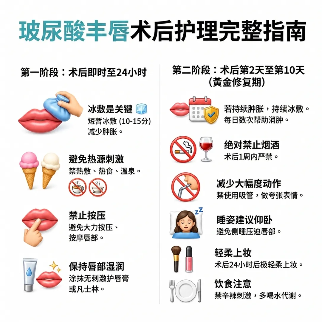 丰唇后注意事项-玻尿酸护理-玻尿酸注射后要注意什么-注意事项-短暂冰敷-10-15分钟-第二阶段：术后第2天至第10天-黄金修复期-第一阶段：术后即时至24小时-zh-cn.webp