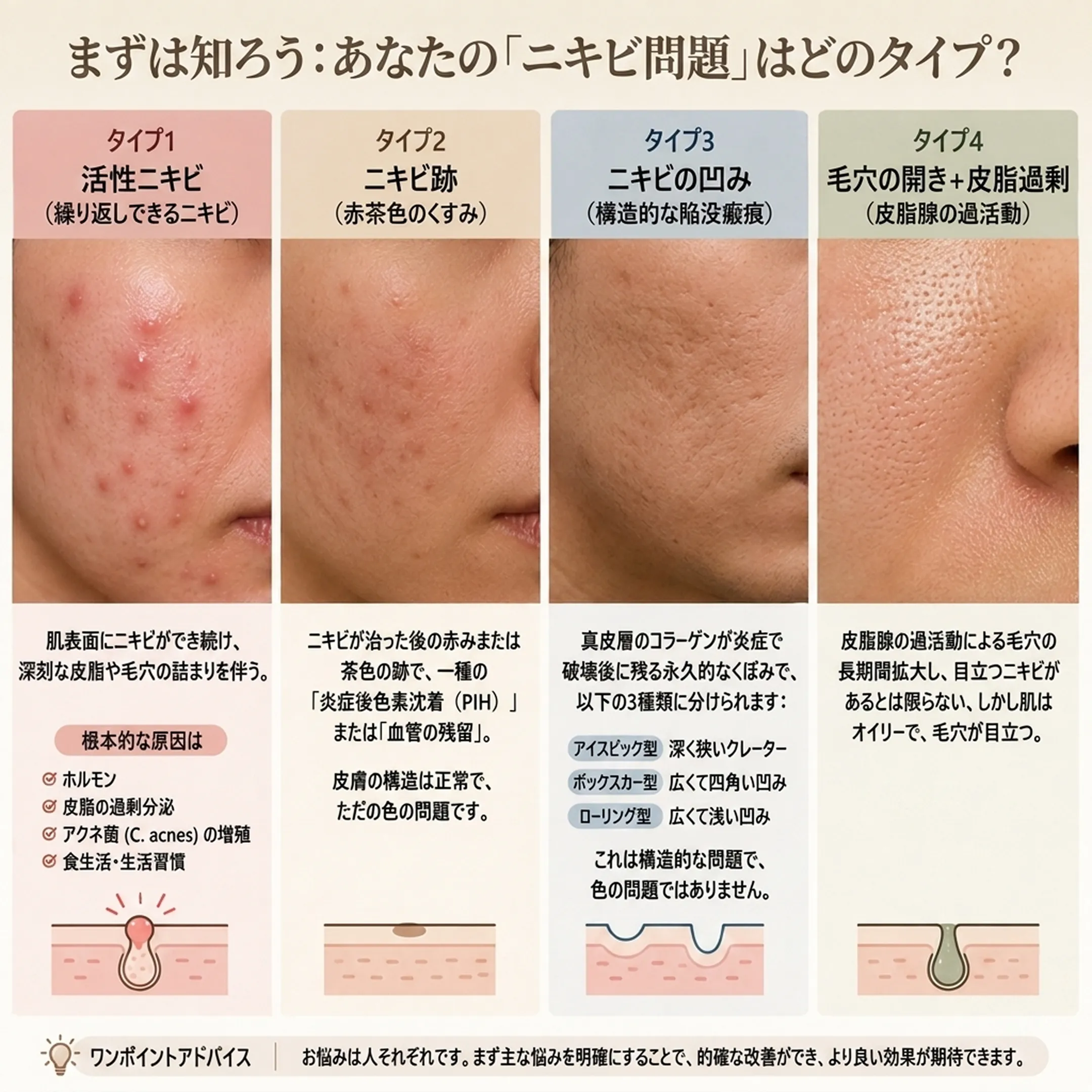 你的痘痘問題是哪一種活躍型痘痘痘印痘疤凹洞毛孔出油類型說明圖-acne-problem-types-active-まずは知ろう：あなたの「ニキビ問題」はどのタイプ？-ニキビの凹み-ja.webp