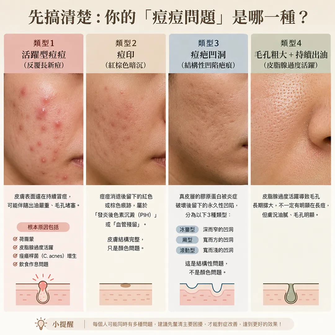 你的痘痘問題是哪一種活躍型痘痘痘印痘疤凹洞毛孔出油類型說明圖-acne-problem-types-active-acne-marks-scars-enlarged-pores-guide-seyeclinic.webp