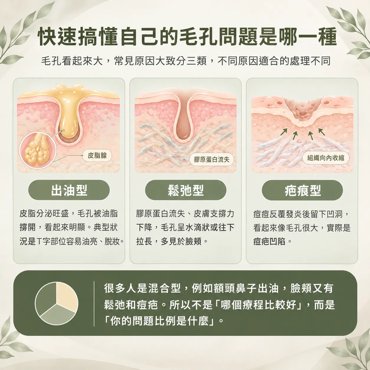 韓國SeyeClinic世顏皮膚科診所緊緻肉毒與黃金微針分工選擇流程圖,針對不同毛孔問題提供治療建議