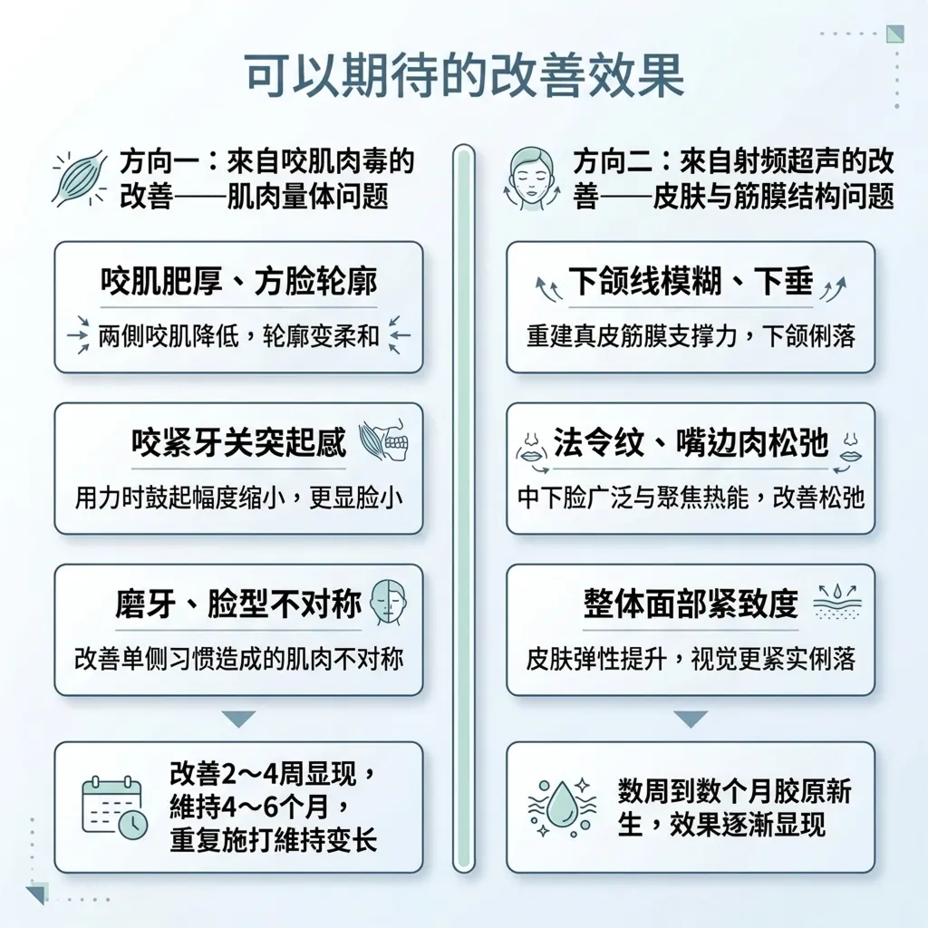 咬肌肉毒電音波立體式小臉效果示意-masseter-botox-dimensional-slimming-方向二:来自射频超声的改善-方向一:来自咬肌瘦脸针的-zh-cn.webp