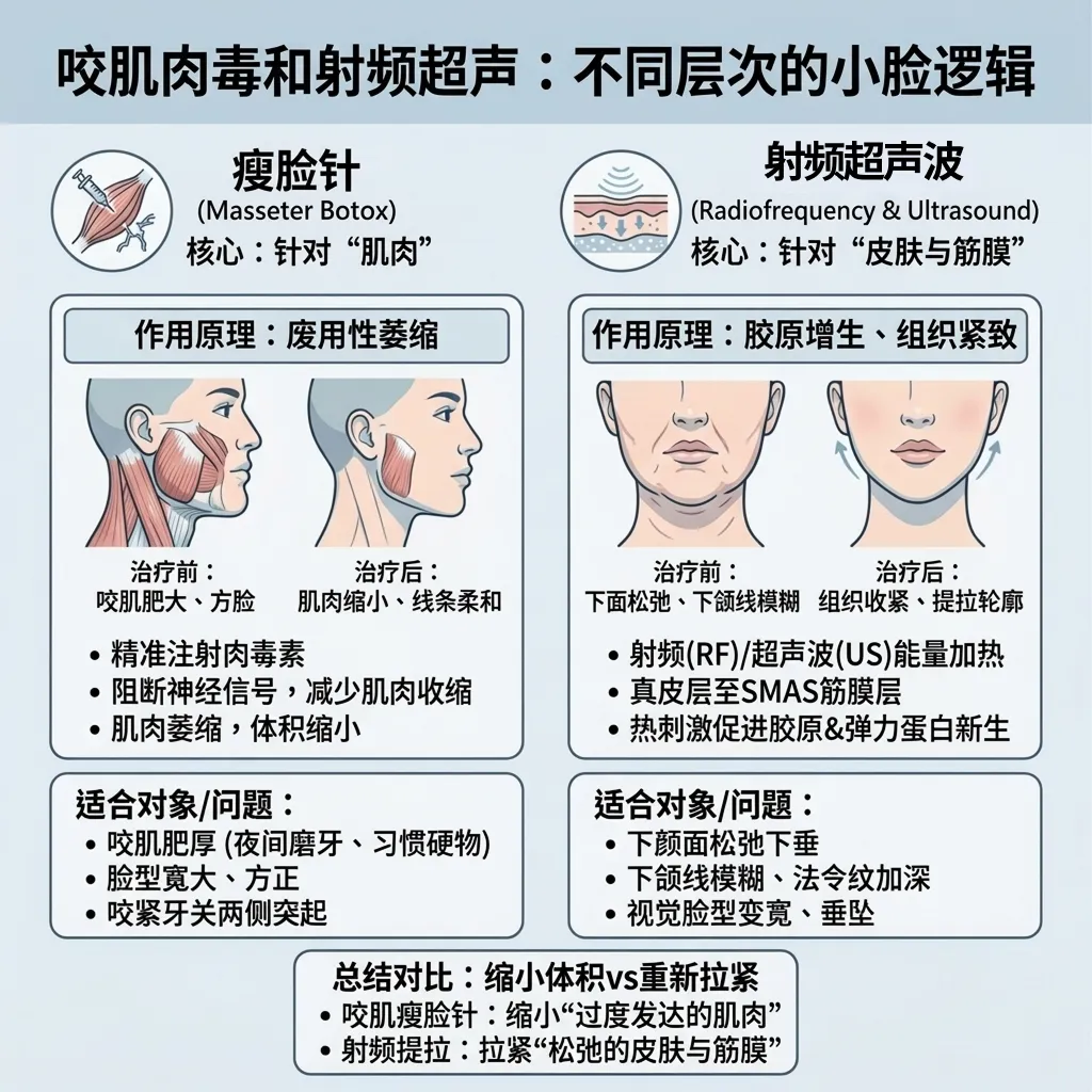 咬肌肉毒与射频超声波疗程顺序示意图:建议先进行能量类治疗,后注射肉毒