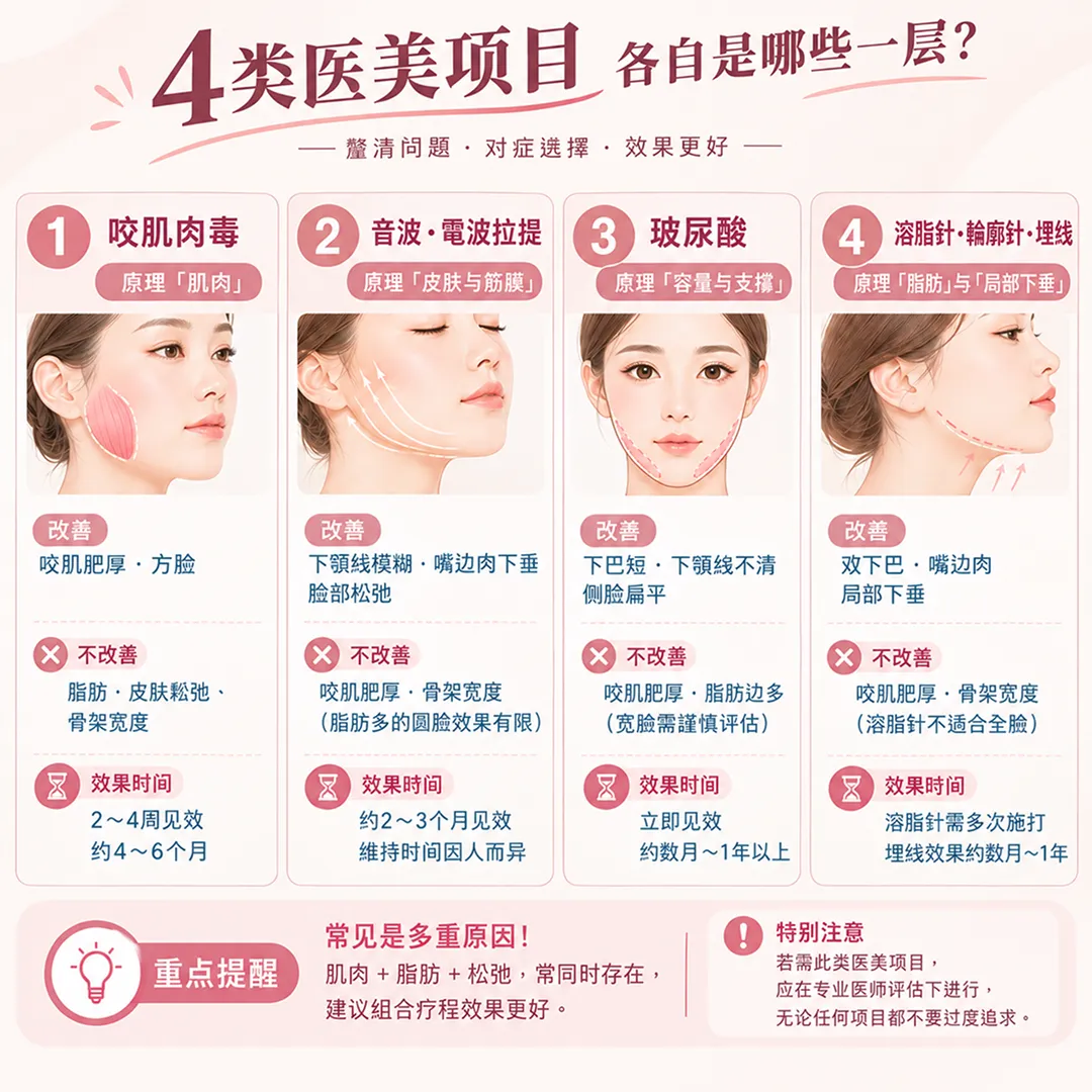 四类医美项目对照指南：咬肌肉毒、超声波射频提拉、玻尿酸、溶脂针轮廓针埋线
