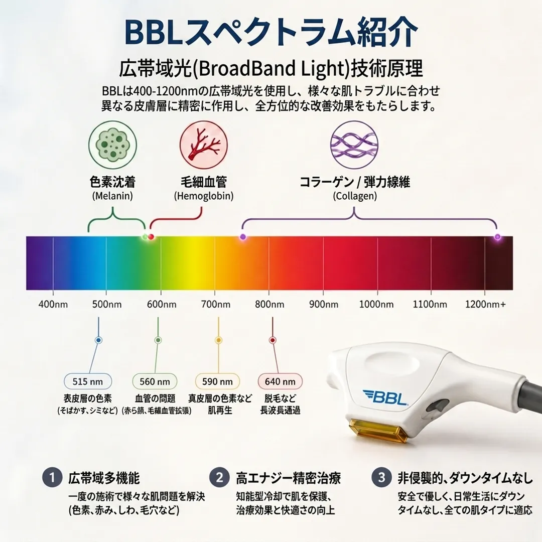 広帯域光-BroadBand-Light-技術原理-BBLは400-1200nmの広帯域光を使用し、様々な肌トラブルに合わせ異なる皮膚層に-ja.webp