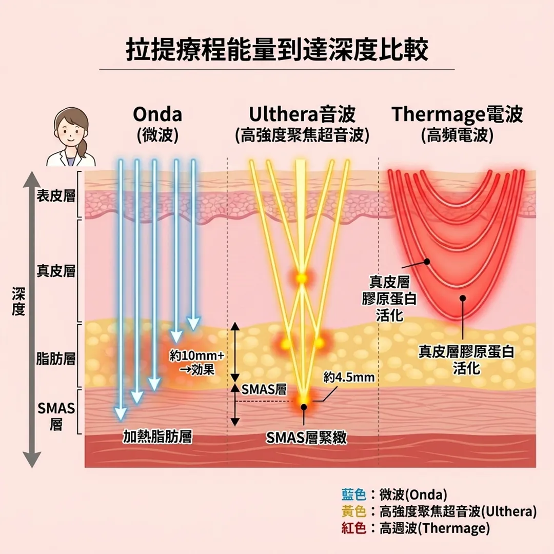 拉提療程能量到達深度比較-Thermage電波-Ulthera音波-高強度聚焦超音波-zh-tw.webp