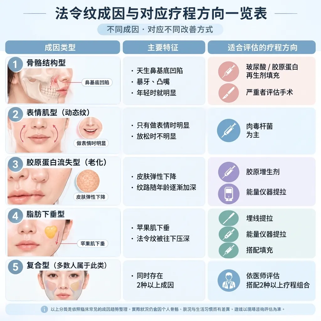 法令纹假性与真性判断示意图,解释动态纹与静态纹的形成原因,如表情肌反复收缩和骨骼结构