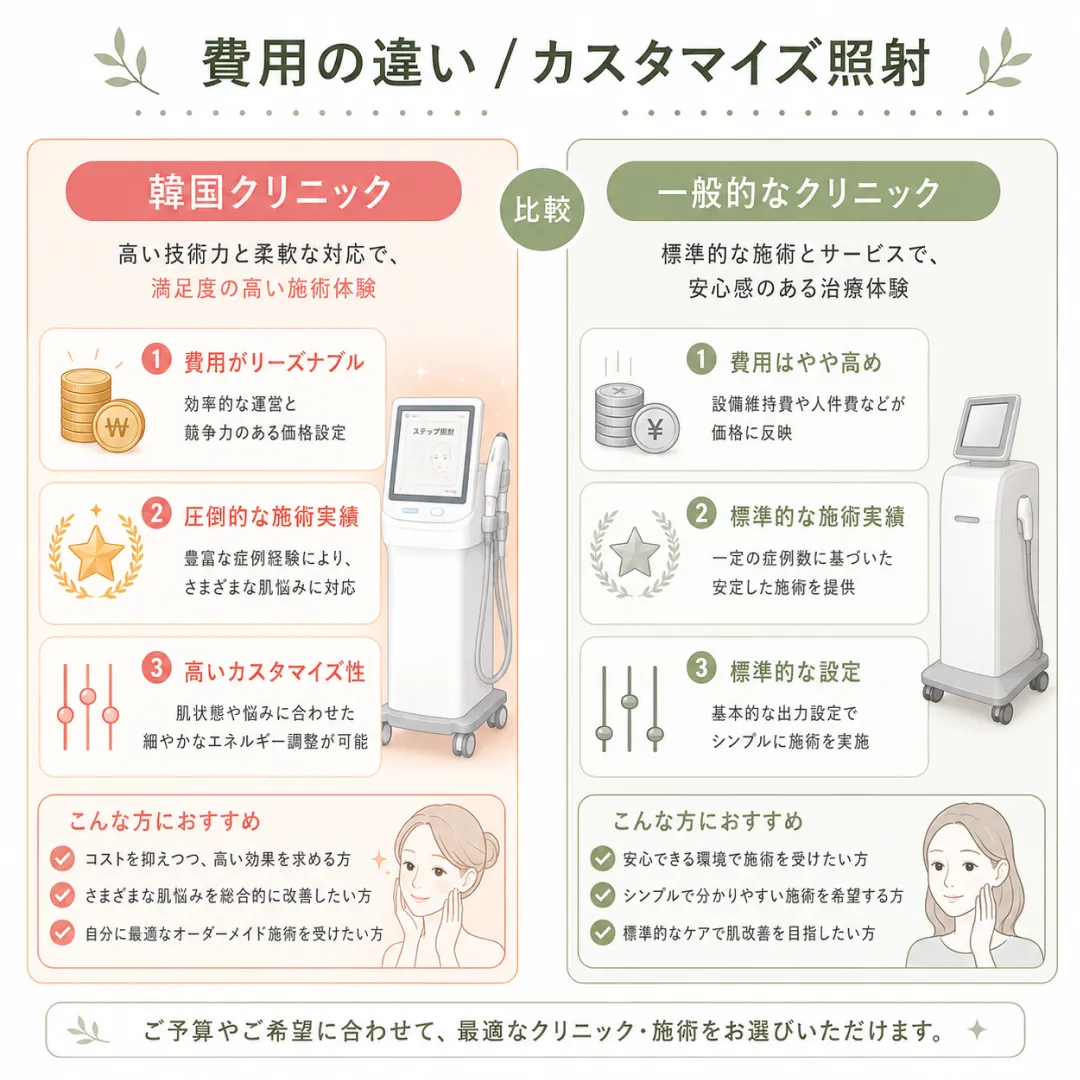 日本と韓国のクリニックにおけるオンダリフティングの費用、経験値、カスタマイズ性の違いを詳細に比較した視覚化.webp