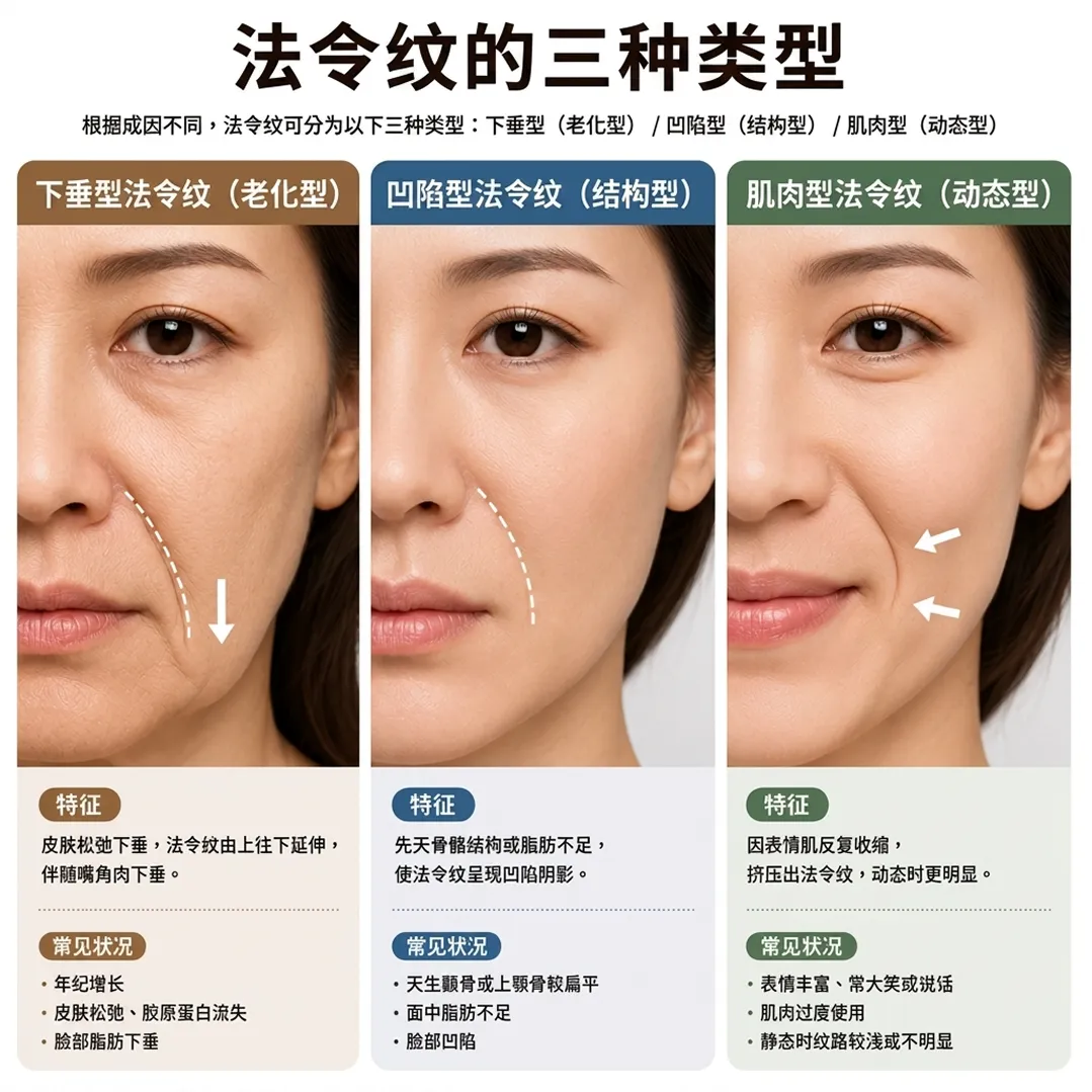 根据成因不同，法令纹可分为以下三种类型：下垂型（老化型）-凹陷型（结构型）-肌肉型（动态型）-zh-cn.webp
