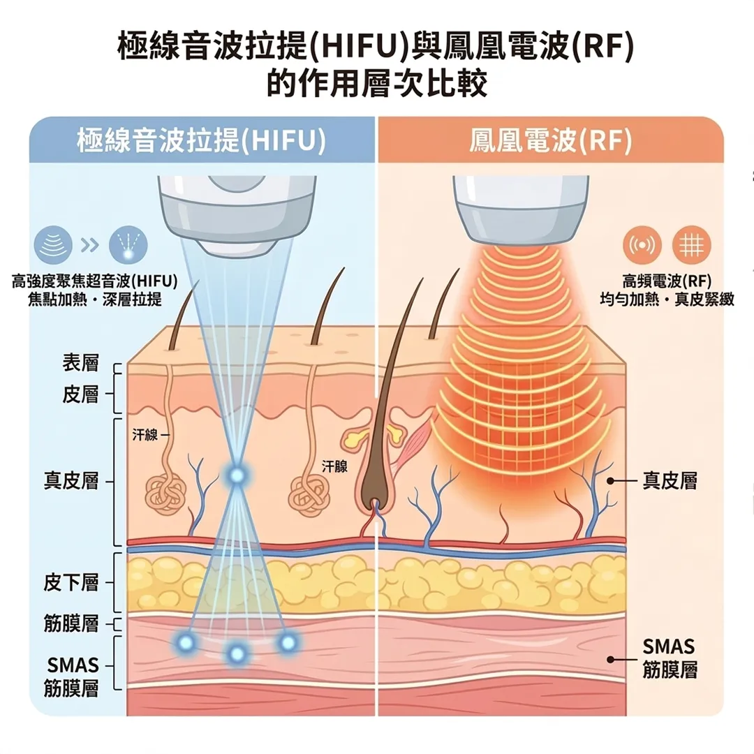 極線音波拉提HIFU與鳳凰電波RF的作用層次比較