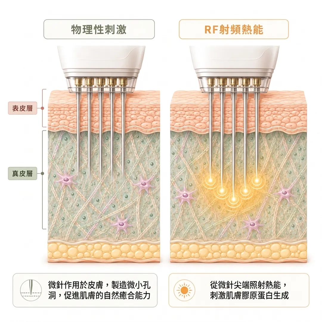 比較-製造微小孔洞，促進肌膚的自然癒合能力-照射熱能，刺激肌膚膠原蛋白生成-微針作用於皮膚-RF射頻熱能-zh-tw.webp