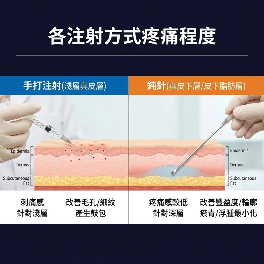 比較-鈍針-真皮下層-皮下脂肪層-手打注射-淺層真皮層-Subcutaneous-各注射方式疼痛程度-zh-tw.webp