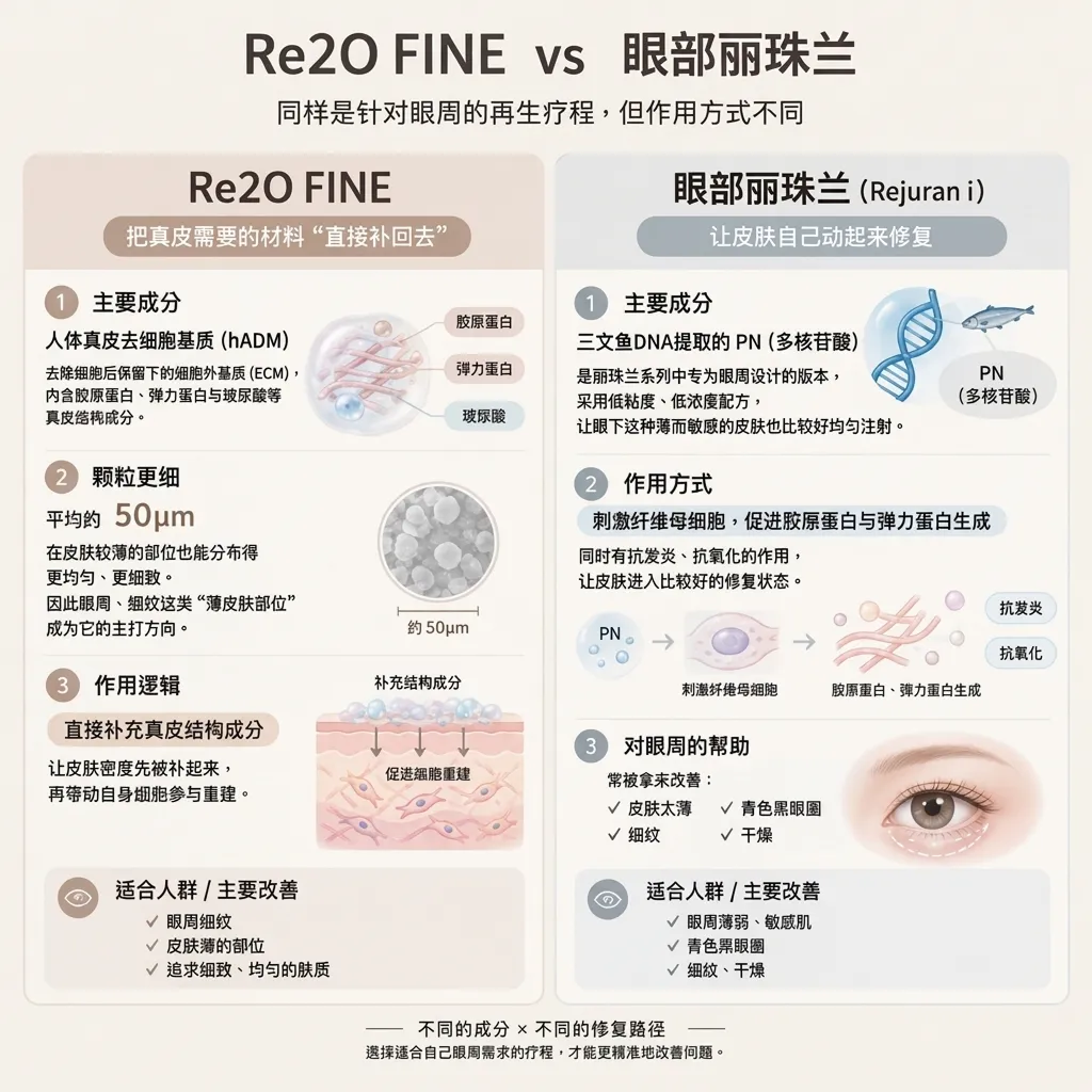 水光针与玻尿酸泪沟分工 - 去除细胞后保留下的细胞外基质ECM,内含胶原蛋白、弹力蛋白与玻尿酸等真皮结构成分。RE2O FINE
