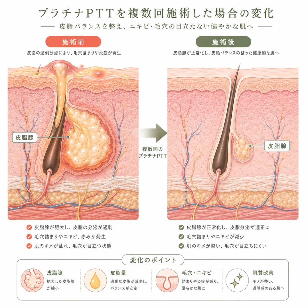 江南美容皮膚科_プラチナPTT_複数回治療による皮脂腺の活動抑制プロセス.webp