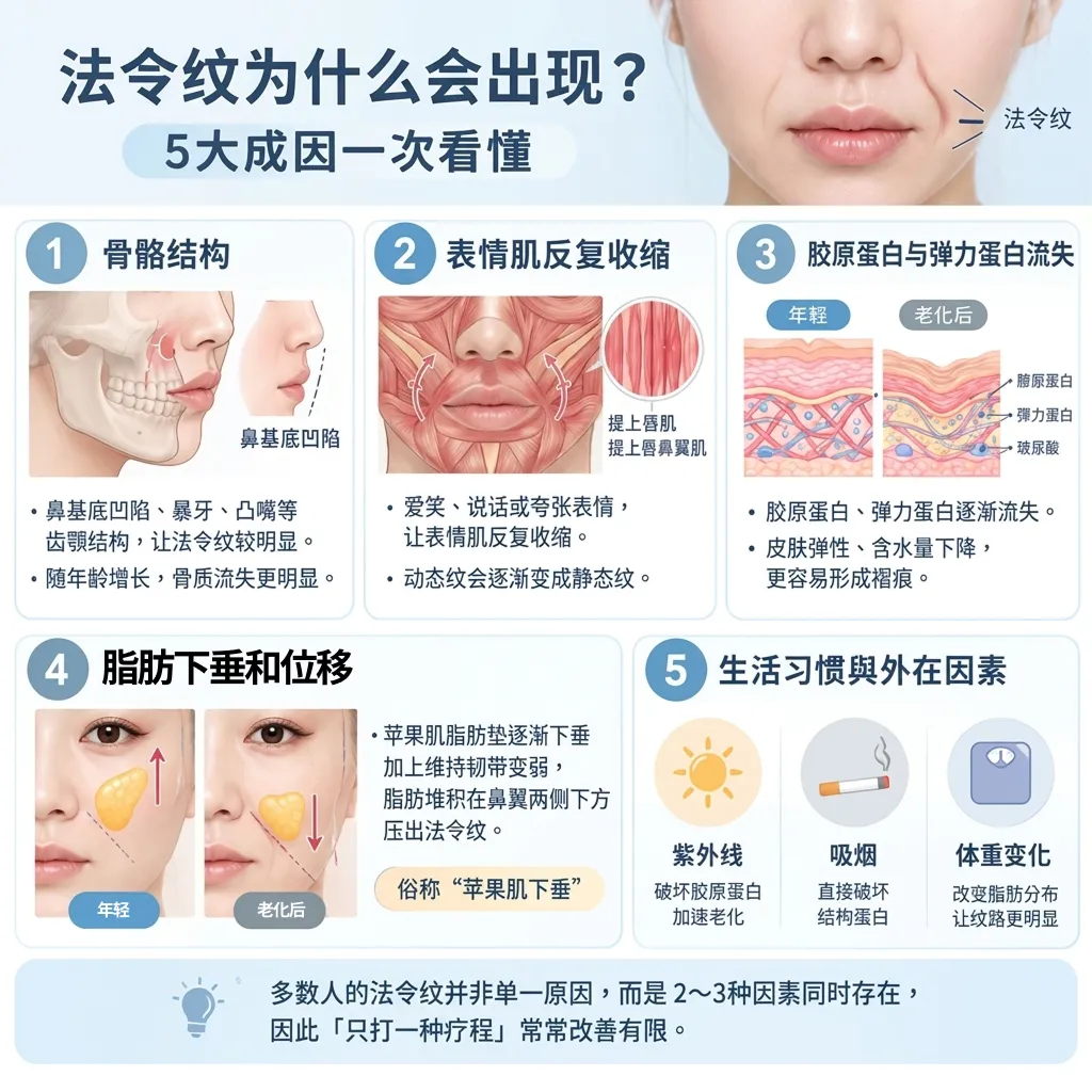 法令纹成因与对应疗程方向一览表,包括玻尿酸、胶原蛋白再生剂和提拉紧致疗程