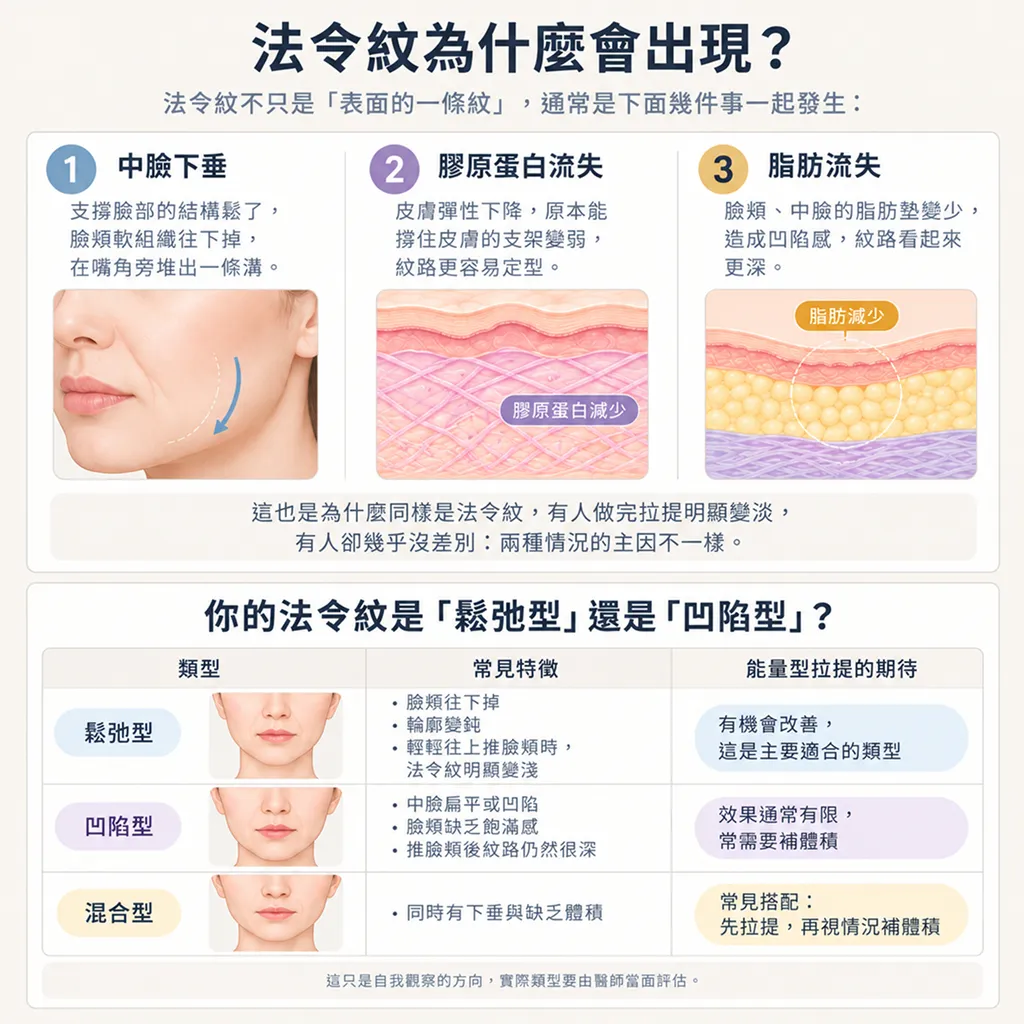 法令紋成因示意圖,顯示中臉下垂、膠原蛋白流失與脂肪流失如何導致法令紋