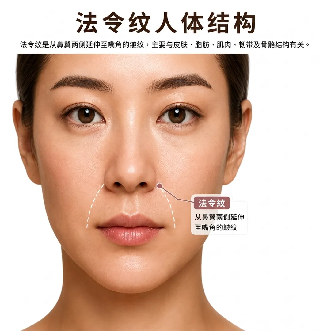 法令纹是从鼻翼两侧延伸至嘴角的皱纹，主要与皮肤、脂肪、肌肉、韧带及骨骼结构有关。-法令纹人体结构-从鼻翼两侧延伸-zh-cn.webp