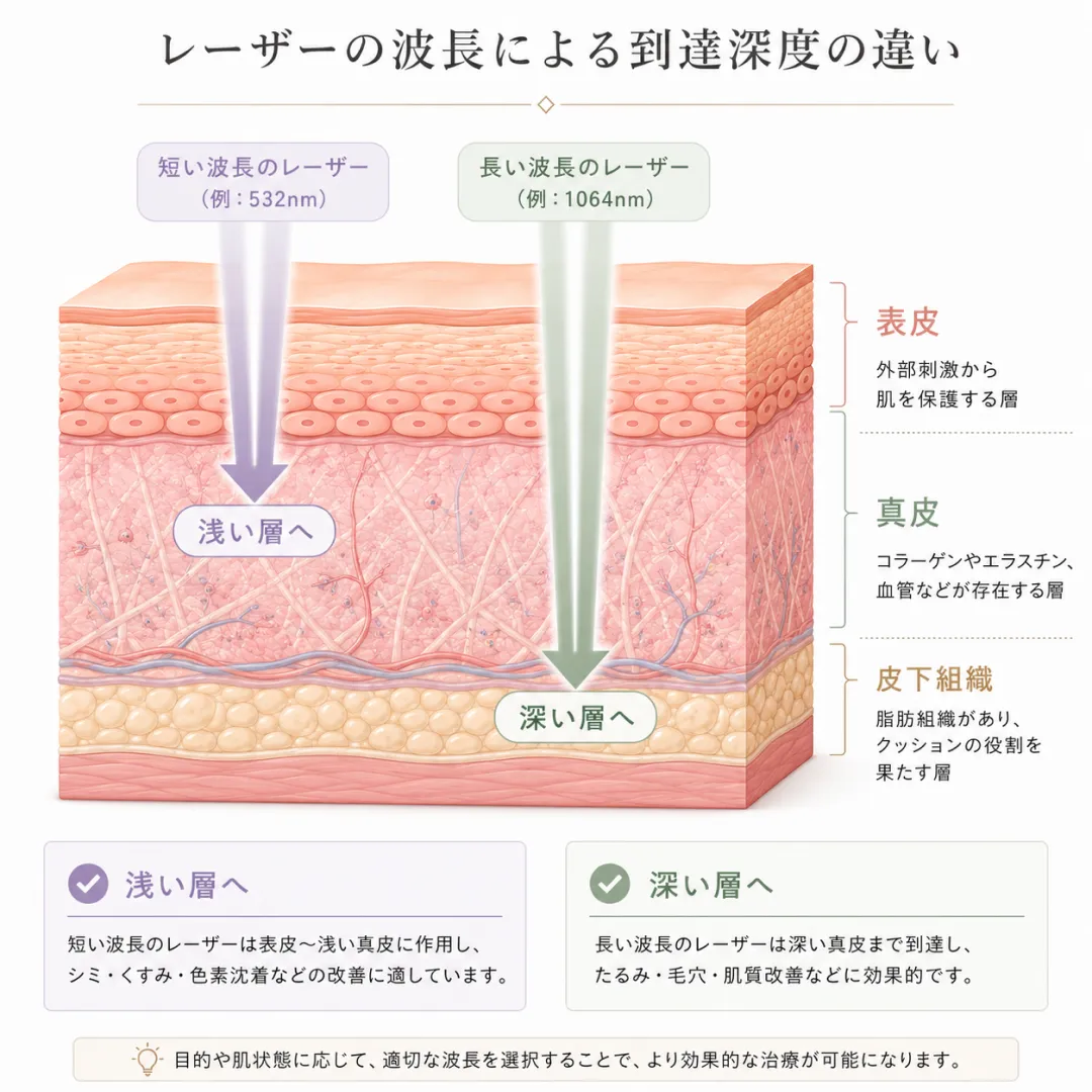 浅い層から深い層までアプローチするピコレーザーの波長の違いを示した断面図.webp