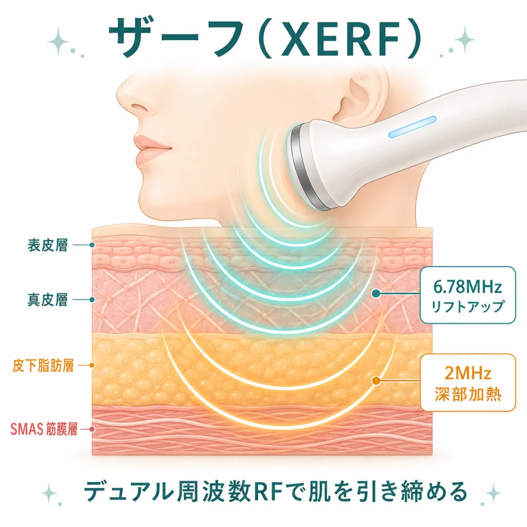皮膚表面を保護しながら真皮層へ立体的に熱エネルギーを届けるXERFのメカニズム.webp