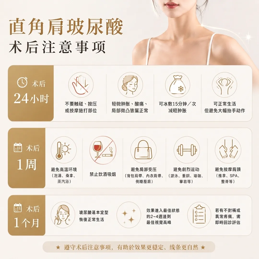 直角肩玻尿酸-术后注意事项-背包肩带-内衣-睡姿-避免高温环境-泡汤、桑拿、蒸汽浴-可冰敷15分钟-次减轻肿胀-轻微肿胀、酸痛、局部微凸皆属正常-shoulder-filler-zh-cn.webp