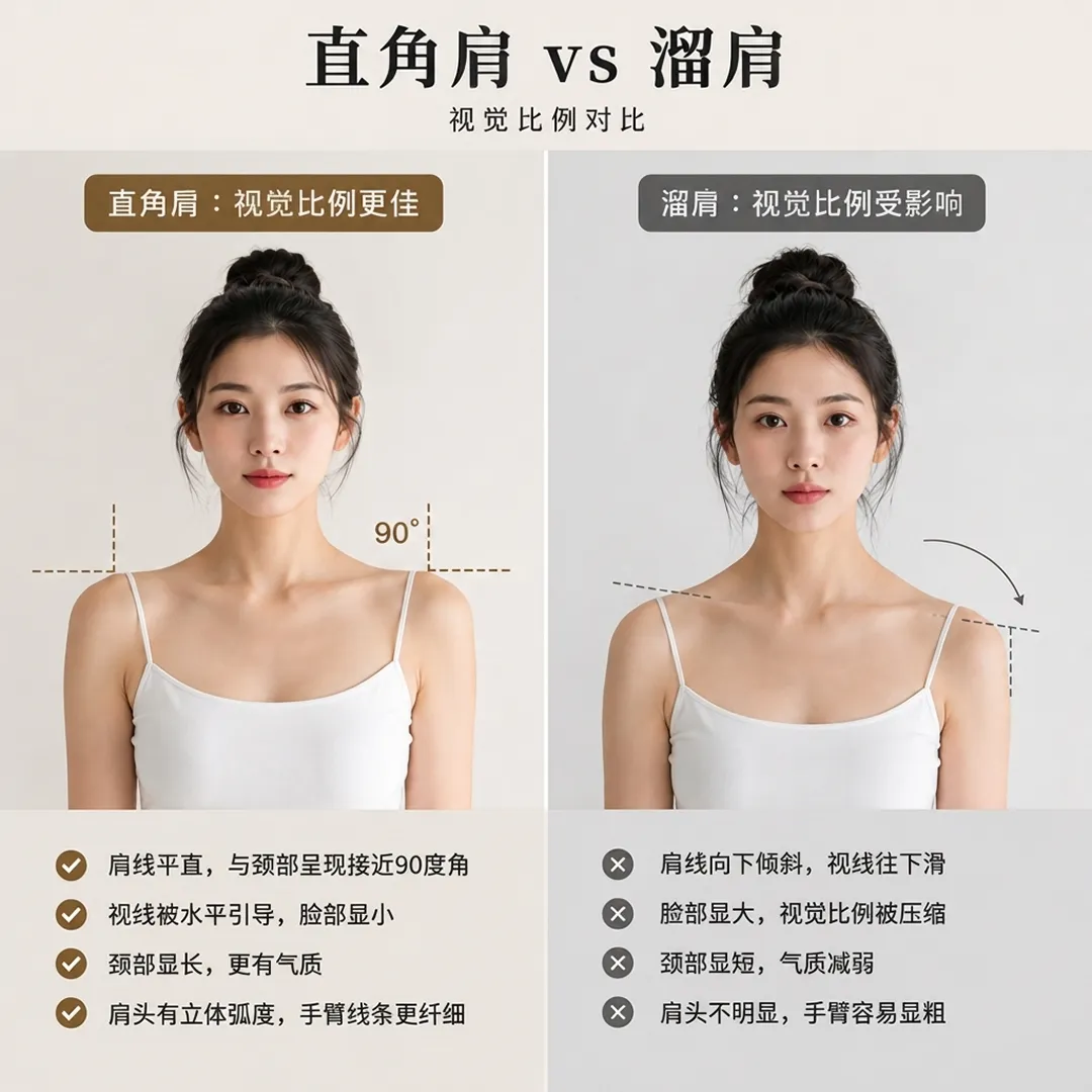 直角肩-溜肩-视觉比例-对比-前后效果对比-肩线平直-与颈部呈现接近90度角-肩头有立体弧度-手臂线条更纤细-视线被水平引导-脸部显小-肩线向下倾斜-zh-cn.webp
