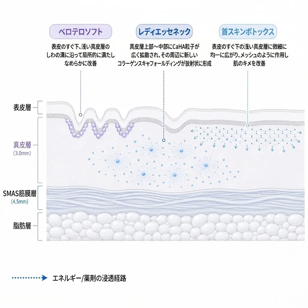 真皮層上部〜中部にCaHA粒子が-表皮のすぐ下の浅い真皮層に微細に-しわの溝に沿って局所的に満たし-広く拡散され、その周辺に新しい-ja.webp