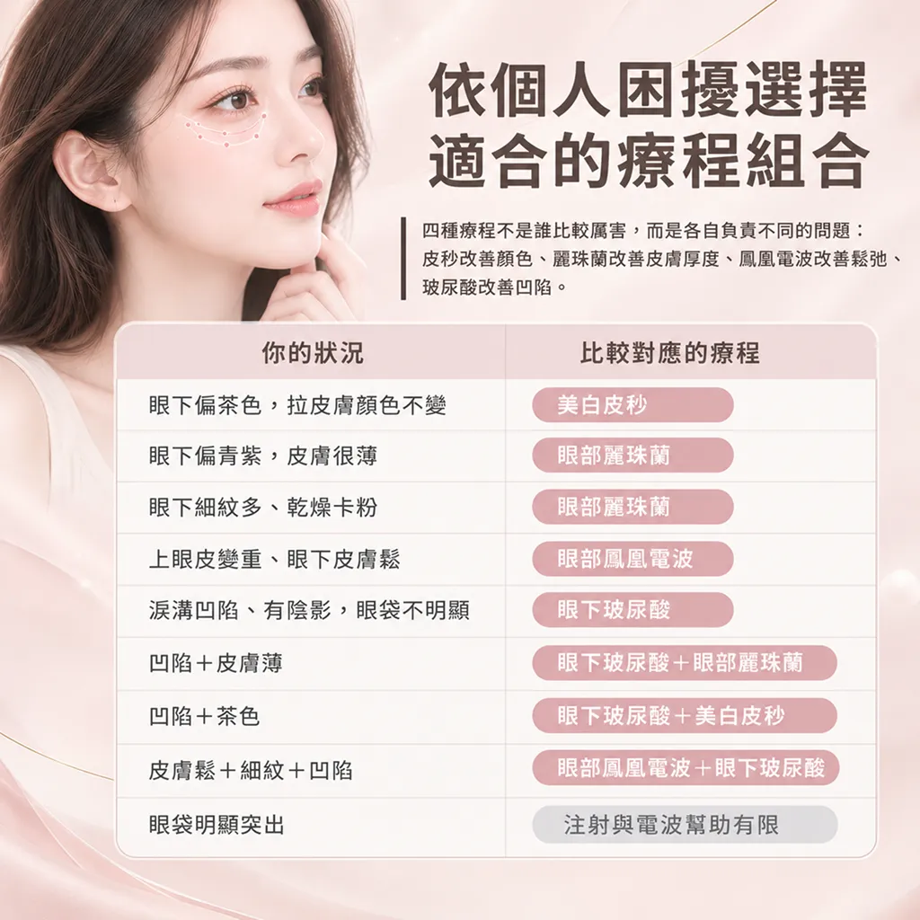 依個人眼下困擾選擇適合的療程組合，包含美白皮秒、眼部麗珠蘭、眼部鳳凰電波、眼下玻尿酸的搭配建議