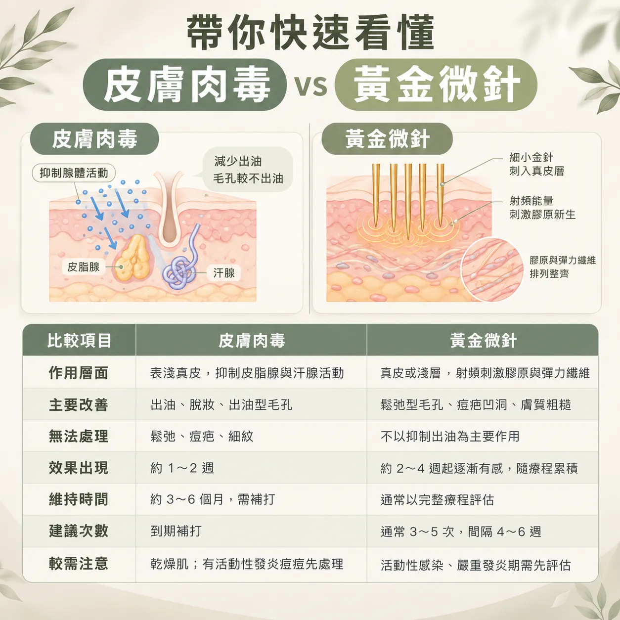 出油型毛孔與鬆弛型毛孔示意圖,解釋毛孔粗大的不同成因