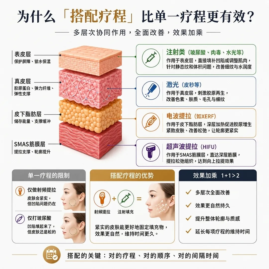 臉部四層結構分層療程示意圖-facial-four-layer-treatment-作用于表皮层,直接填补凹陷或调整肌肉,针对静态纹和体积问题,改善细纹与水润度-注射类-zh-cn.webp