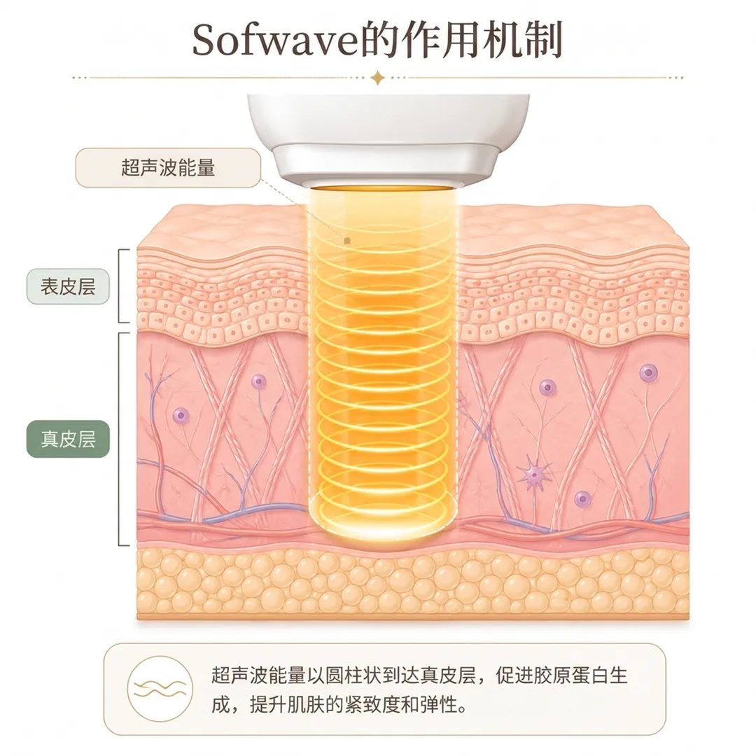 超声波能量以圆柱状到达真皮层,促进胶原蛋白生成,提升肌肤的紧致度和弹性。-Sofwave的作用机制-超声波能量-表皮层-zh-cn.webp