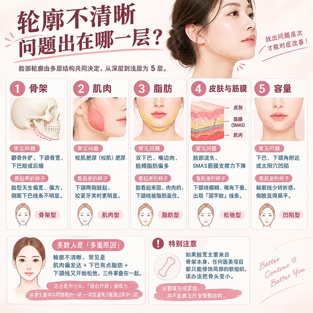轮廓问题五层解析图示，包括骨架、肌肉、脂肪、皮肤与筋膜、容量