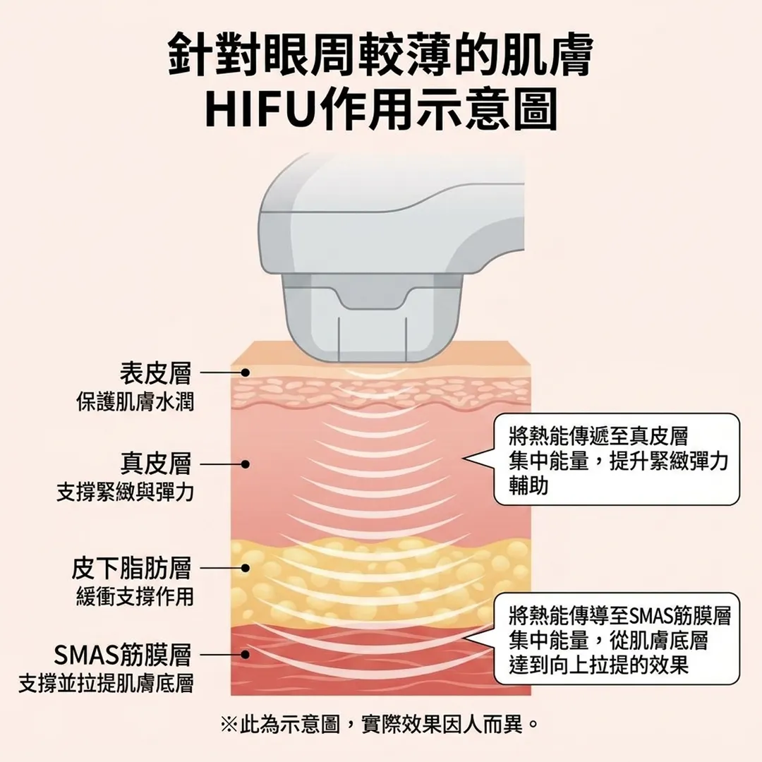 集中能量，提升緊緻彈力-針對眼周較薄的肌膚-HIFU作用示意圖-將熱能傳遞至真皮層-zh-tw.webp