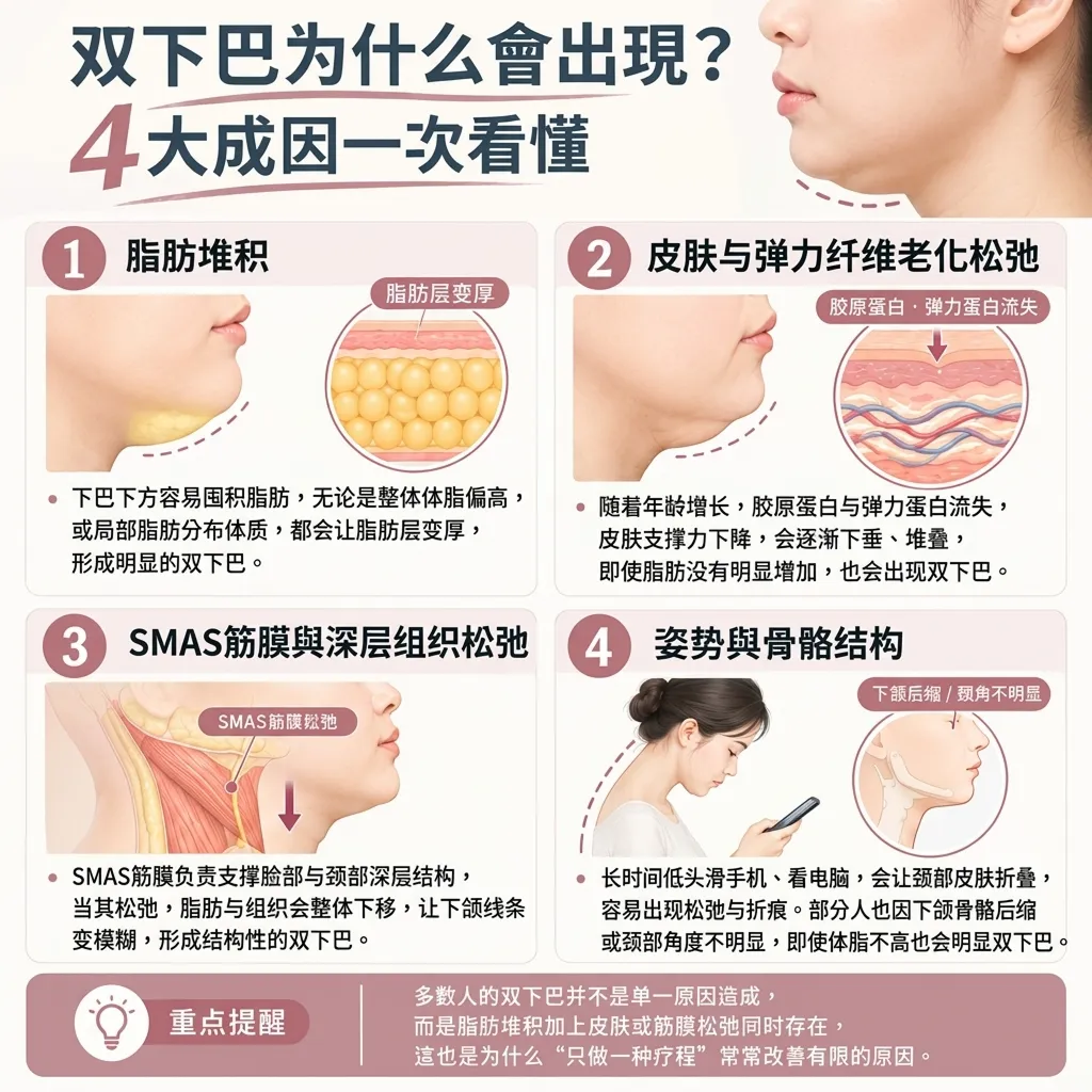 复合式疗程改善双下巴示意图,展示不同成因对应的疗程方向
