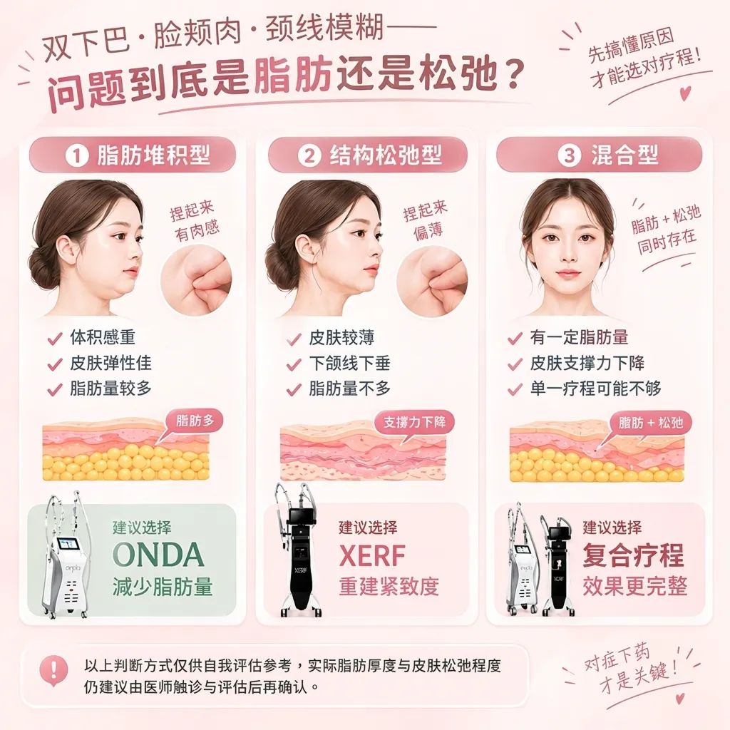 双下巴、脸颊肉、颈线模糊:脂肪堆积型、结构松弛型、混合型对比示意图