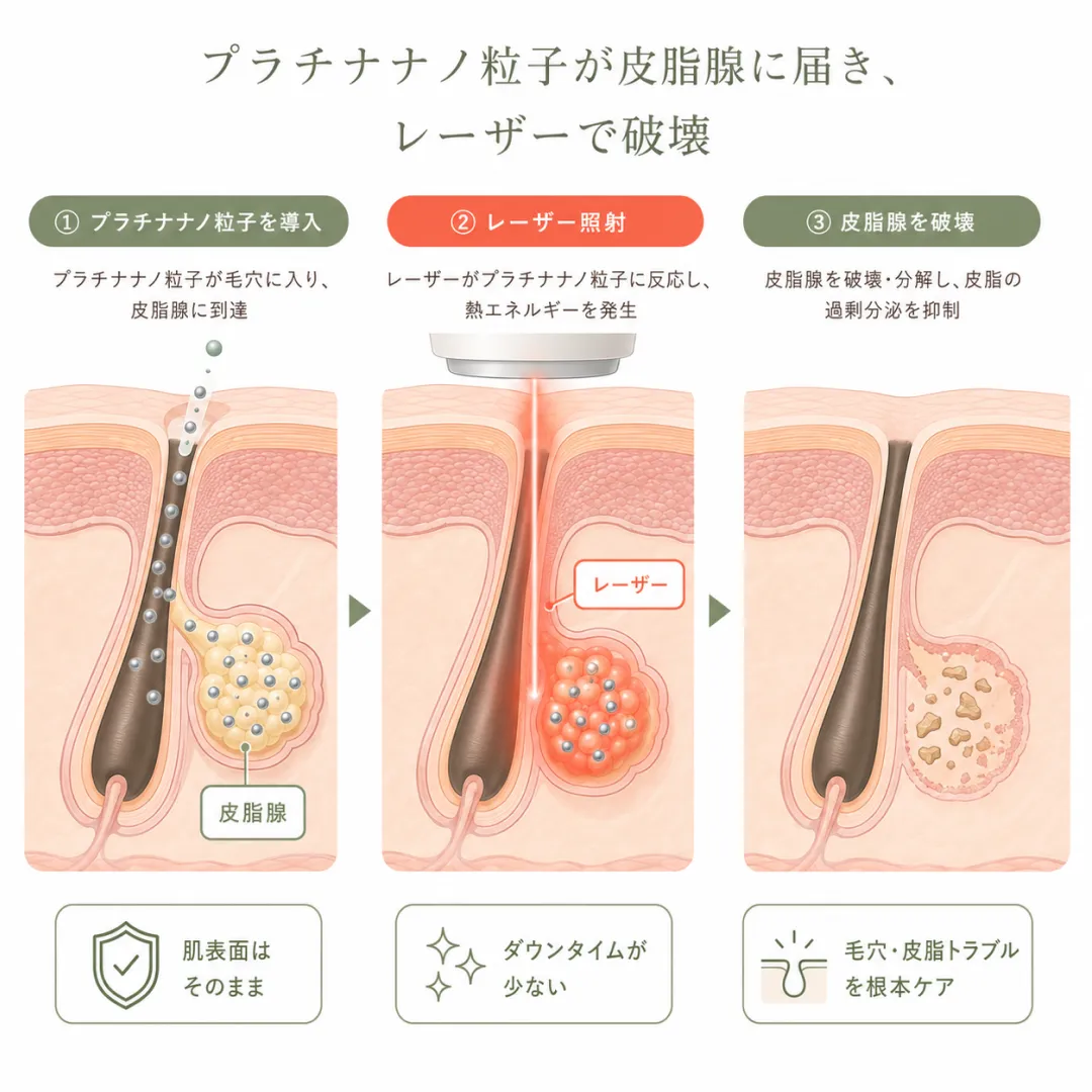 韓国美容皮膚科_プラチナPTTの作用メカニズム_プラチナナノ粒子が毛穴の奥に浸透し、レーザー照射によって熱エネルギーを発生させて皮脂腺を破壊する過程の断面図.webp
