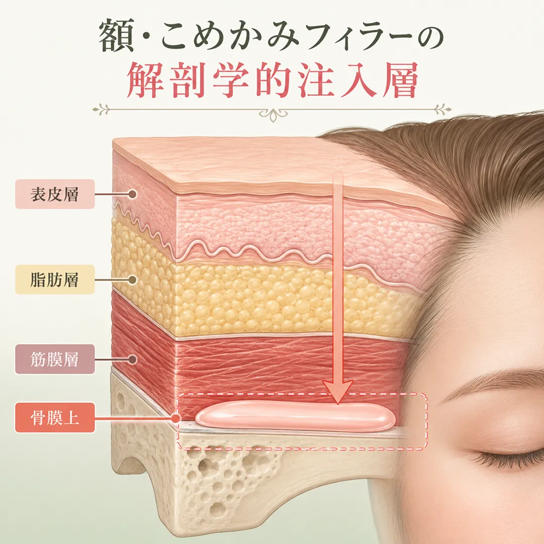 額・こめかみフィラーの解剖学的注入層.webp