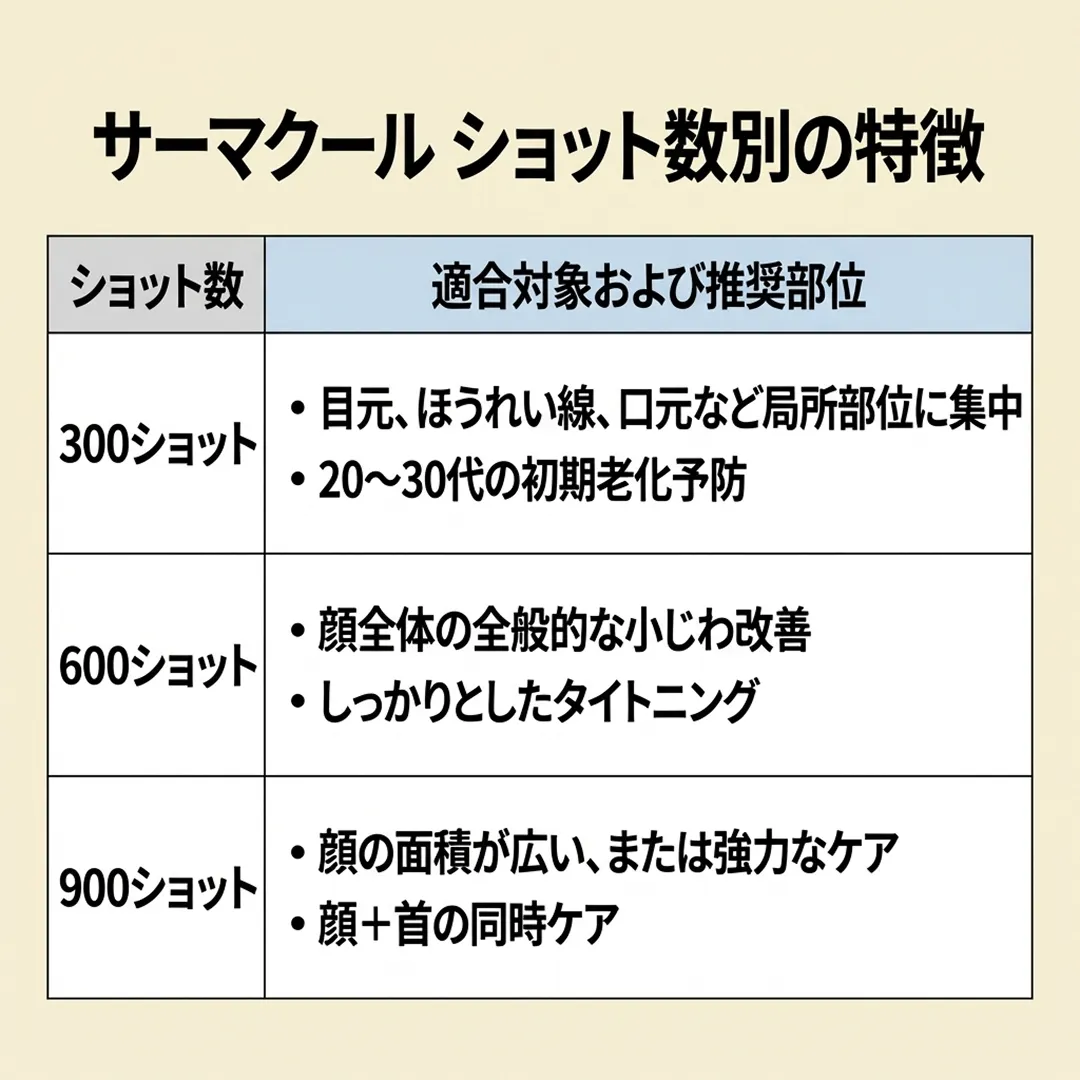顔全体-Full-Face-の全般的な小じわ改善-目元、ほうれい線、口元など局所部位に集中-サーマクール-ショット数別の特徴-20～30代の初期老化予防-ja.webp