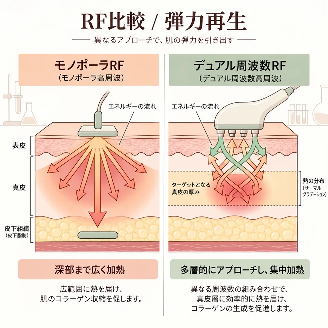 高周波機器における熱エネルギー伝達と弾力再生の比較図